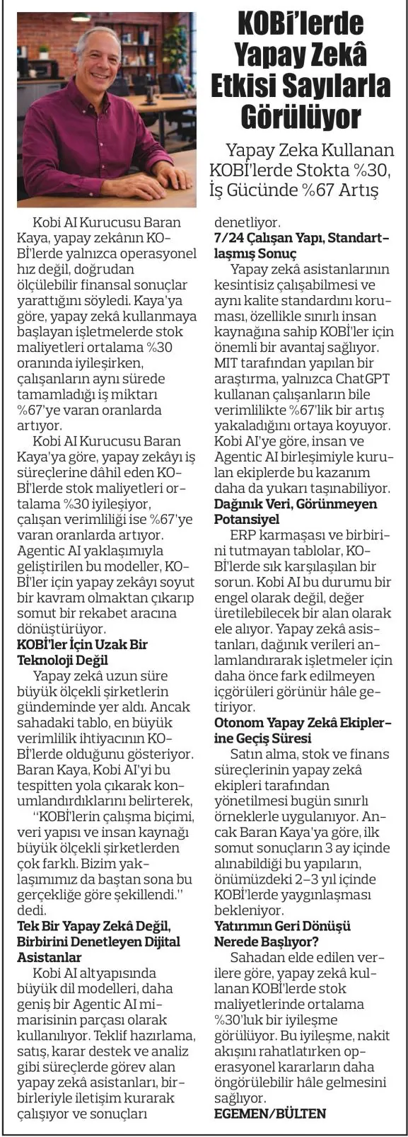 KOBİ’lerde Yapay Zekâ Etkisi Sayılarla Görülüyor (Egemen Gazetesi 18.02.2026)