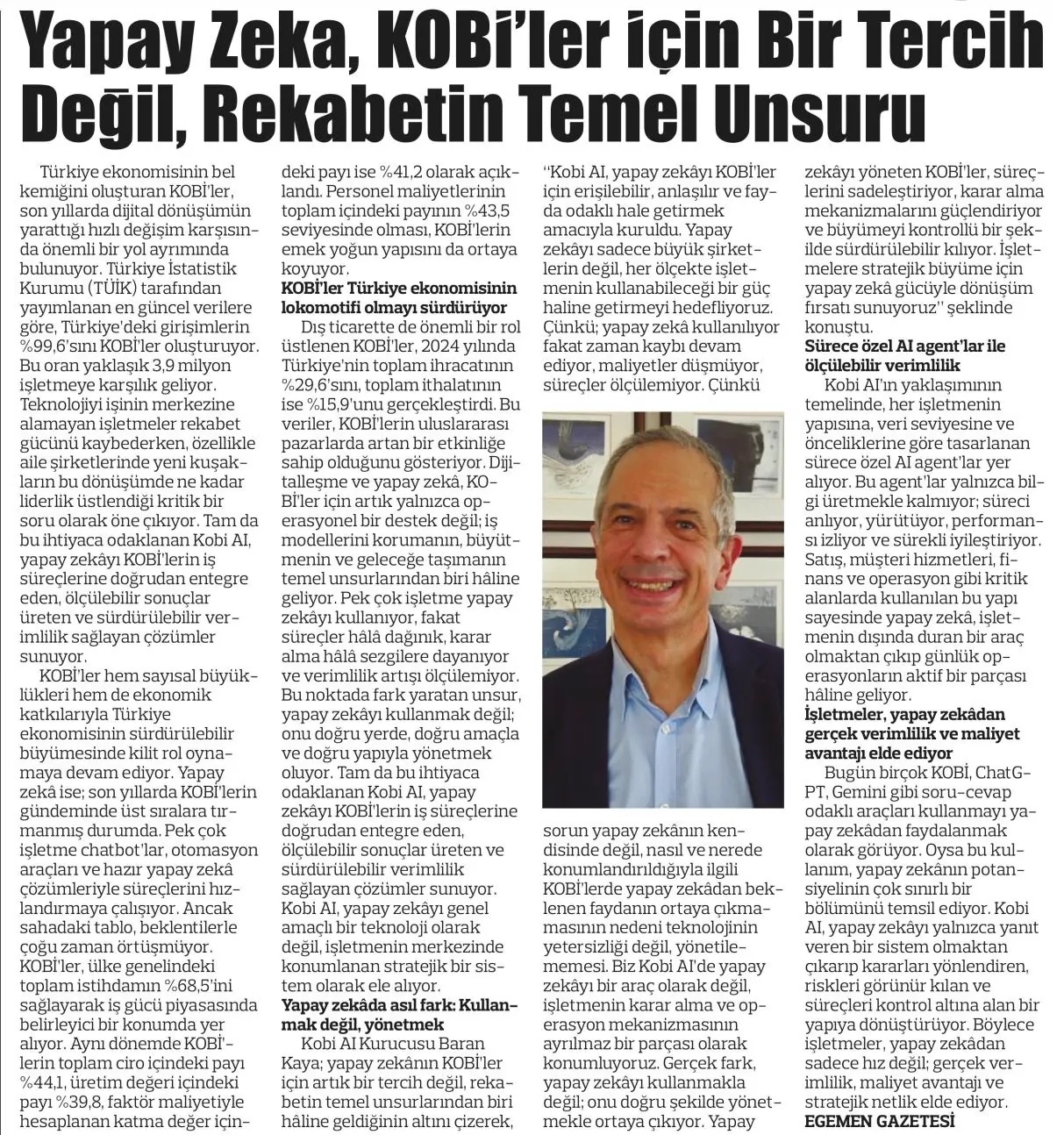 Yapay Zeka, KOBİ'ler için Bir Tercih Değil, Rekabetin Temel Unsuru (Egemen Gazetesi 25.03.2026)